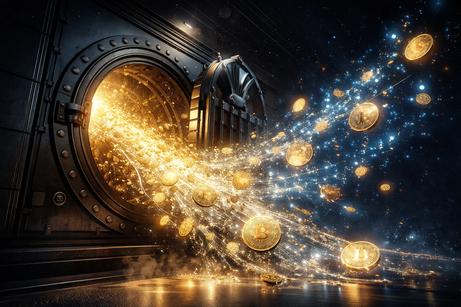 A vault bursting open with digital coins, symbolizing the shift from traditional finance to self-custody in Web3 crypto payments.