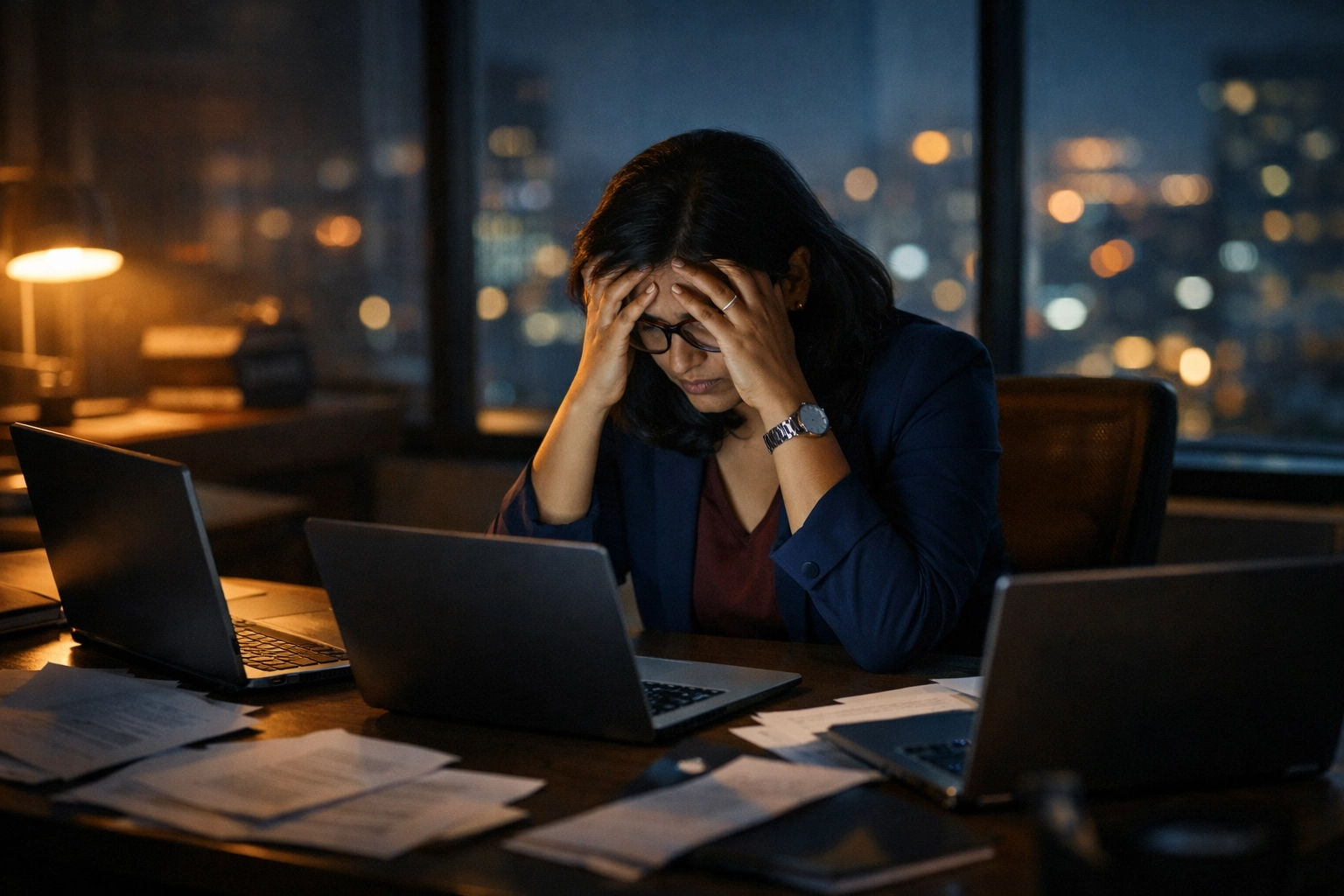 Exhausted manager experiencing workplace burnout and AI anxiety while working late at office desk