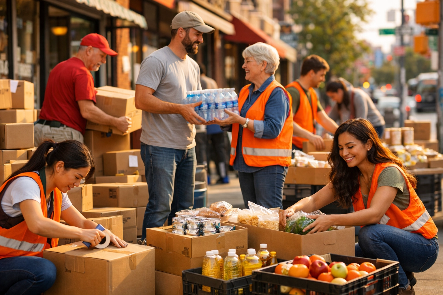 Volunteers organizing supplies at a community relief station in a neighborhood setting.