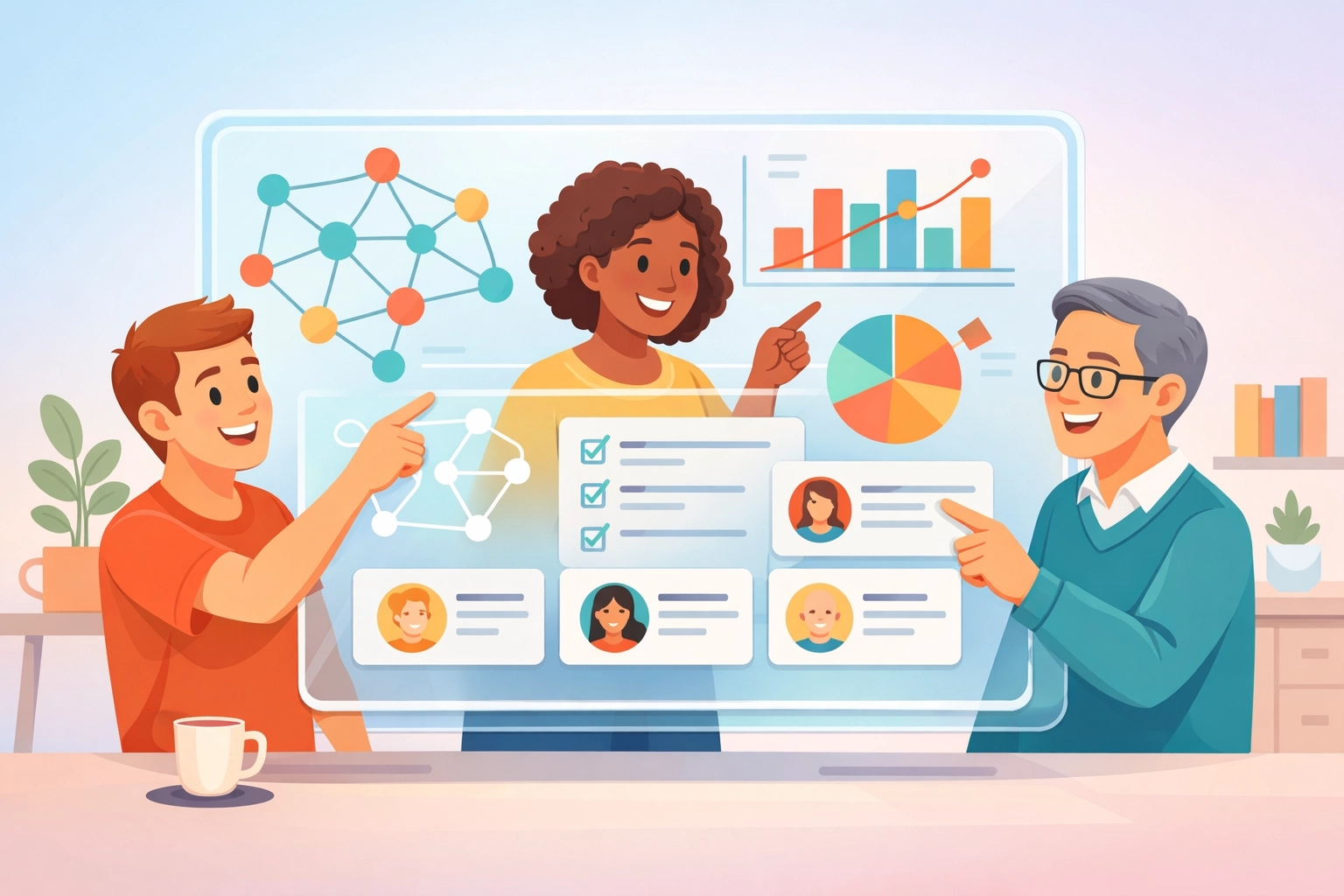 Team collaborating efficiently using unified business management platform with shared data