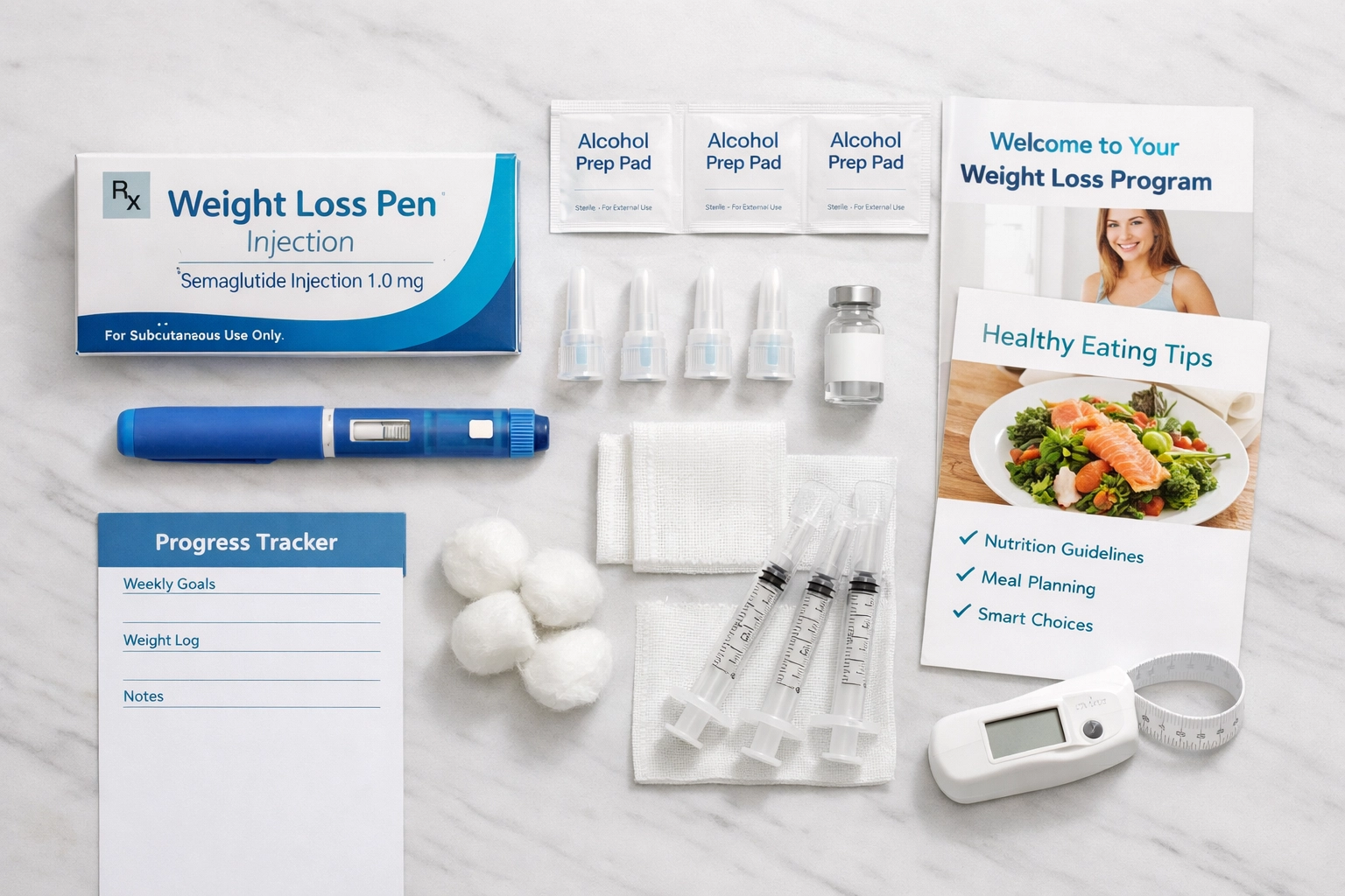 Semaglutide weight loss medication kit with injection supplies and instructions