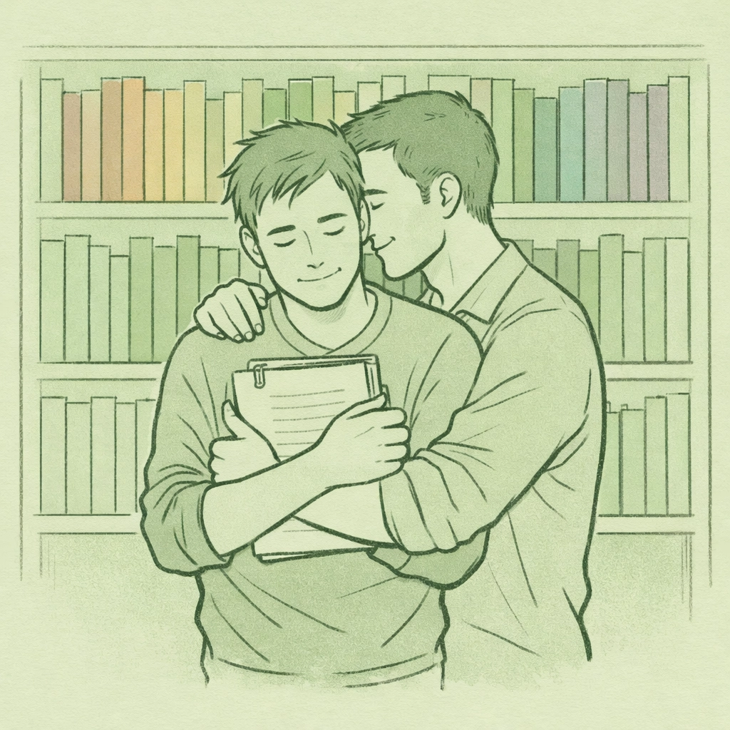 Gay couple embracing with manuscript at rainbow bookshelf representing creative freedom in MM romance