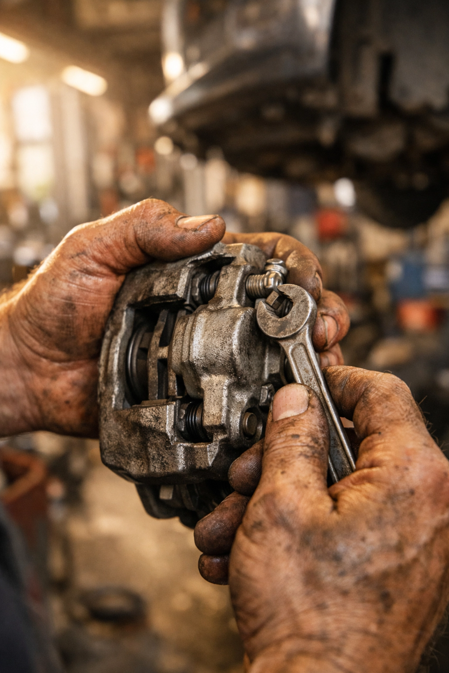 Professional mechanic in New Cumberland performing a brake caliper inspection for proactive maintenance.