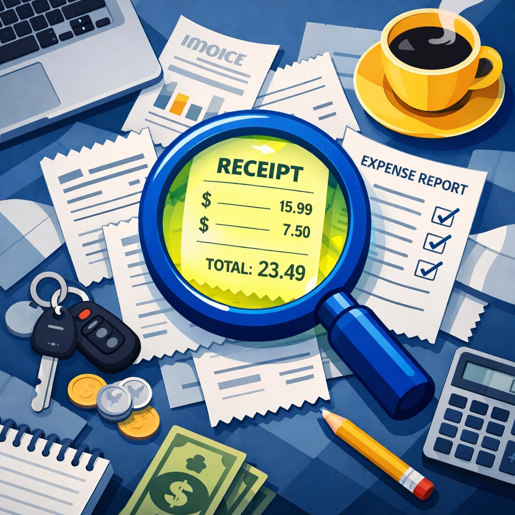 Magnifying glass examining receipts and expense documents for maximum tax deduction tracking