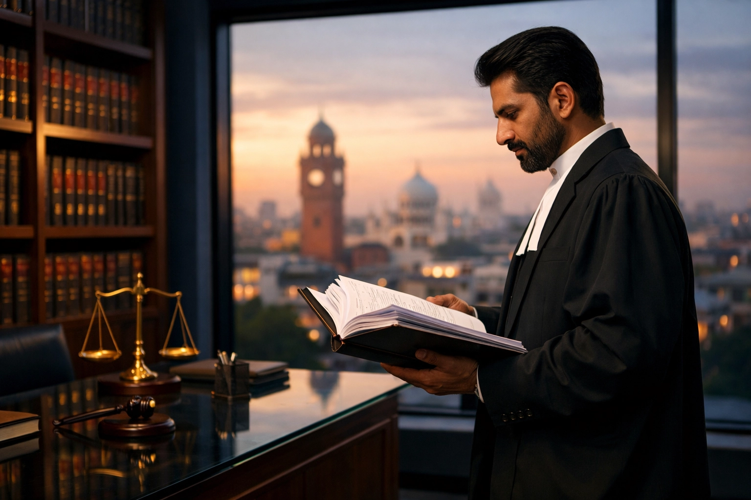 Experienced lawyer in Ludhiana reviewing case files for property litigation in District Court.