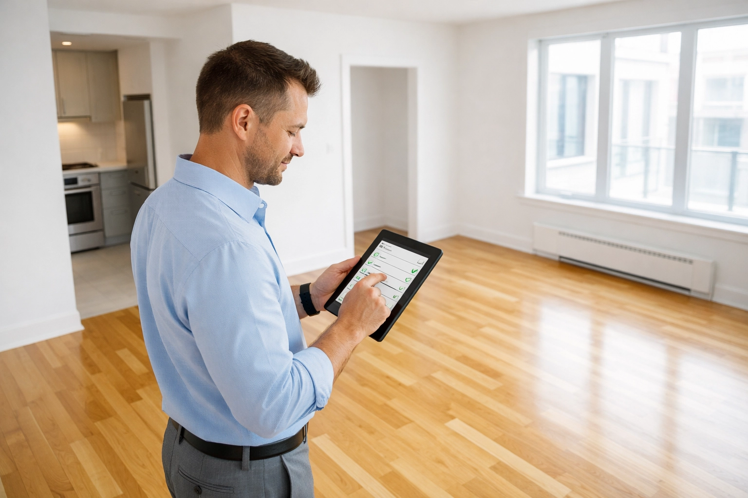 Property manager inspecting empty apartment unit with tablet during 48-hour turnover process