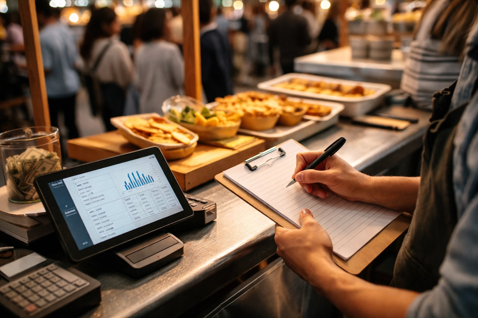 Food entrepreneur gathering sales data at popup stall for restaurant feasibility report