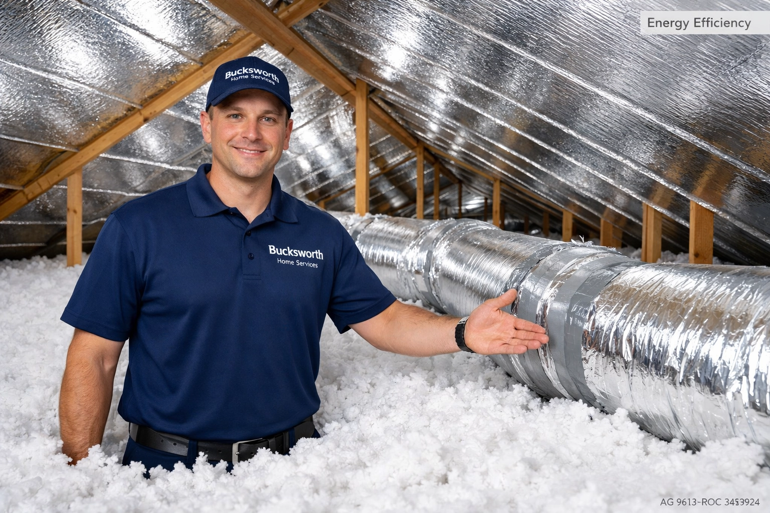 Bucksworth technician inspecting attic insulation and sealed ductwork for energy efficiency in Chandler, AZ.