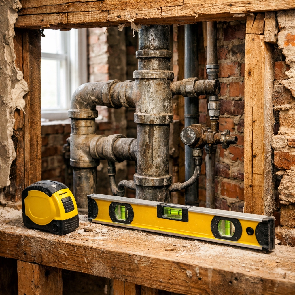 Exposed plumbing pipes in a Philadelphia home bathroom during a remodeling demolition project.