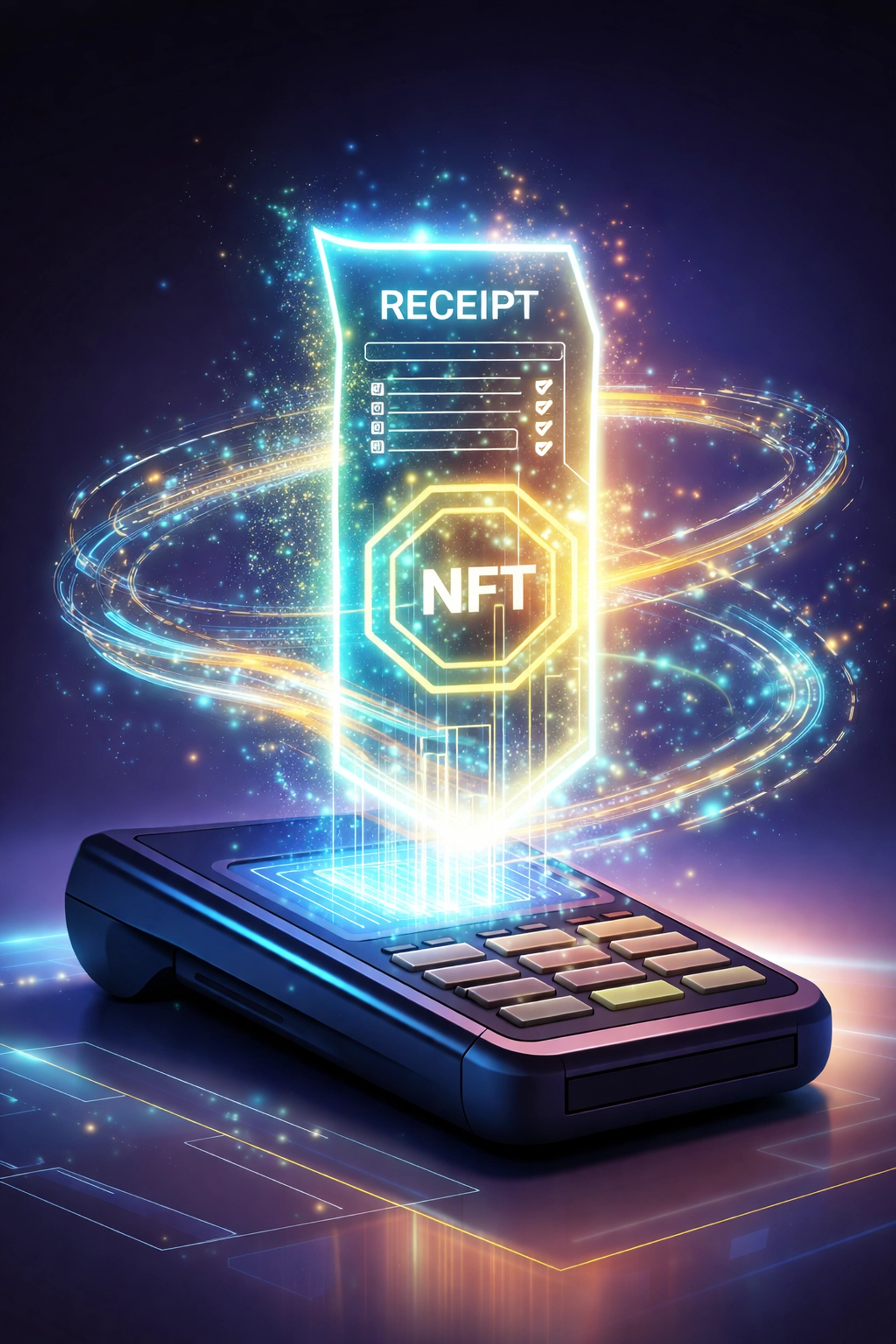 NFT receipt floating above a crypto checkout terminal, showcasing Web3 payment authenticity and innovation