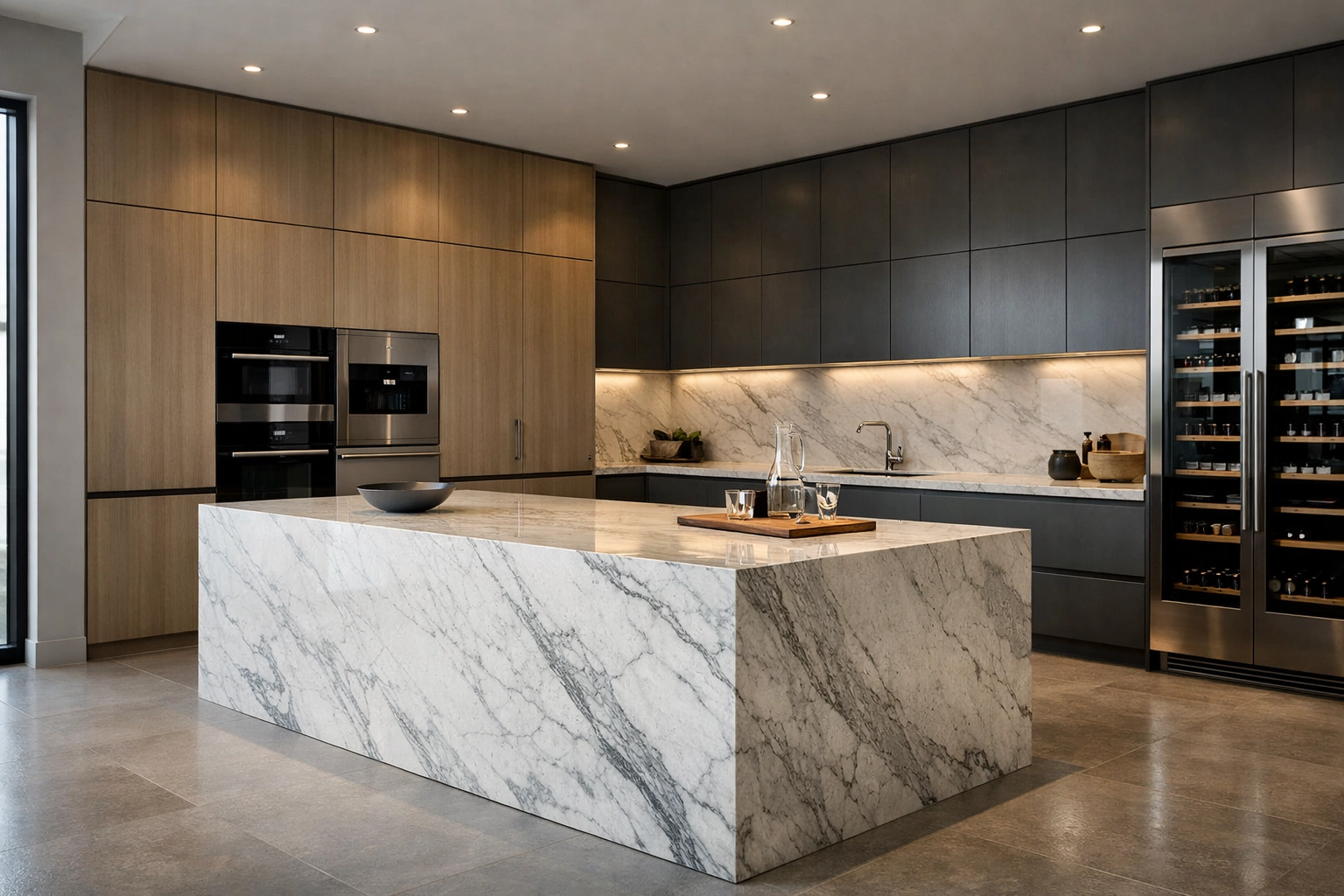 Premium 8K photorealistic kitchen render - high-end contemporary island with waterfall stone worktop, warm wood cabinetry, precise joinery, realistic daylight + soft accent lighting, crisp reflections, no humans, no text