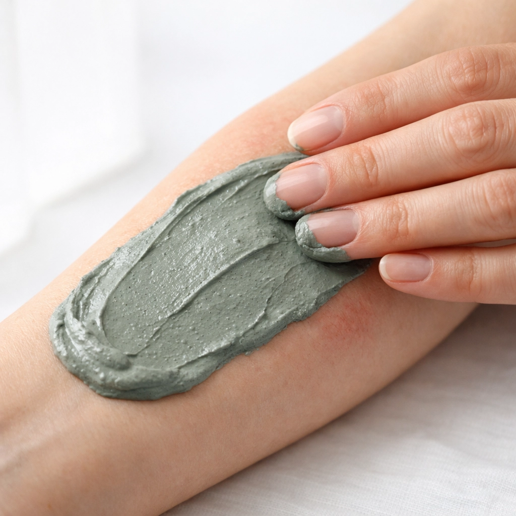 Bentonite clay for burn applied to reddened forearm showing natural cooling relief