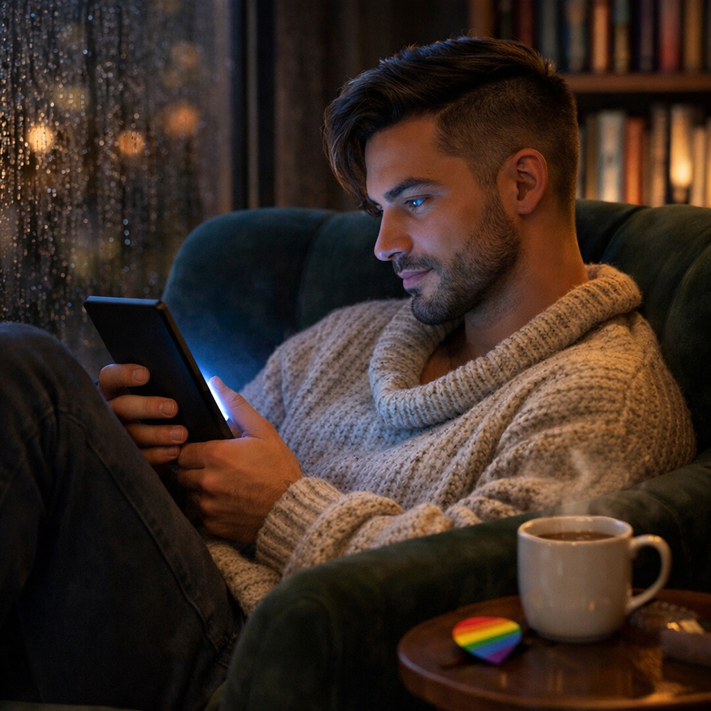 A gay man reads an LGBTQ+ ebook in a cozy chair, reflecting on personal growth and MM romance stories.