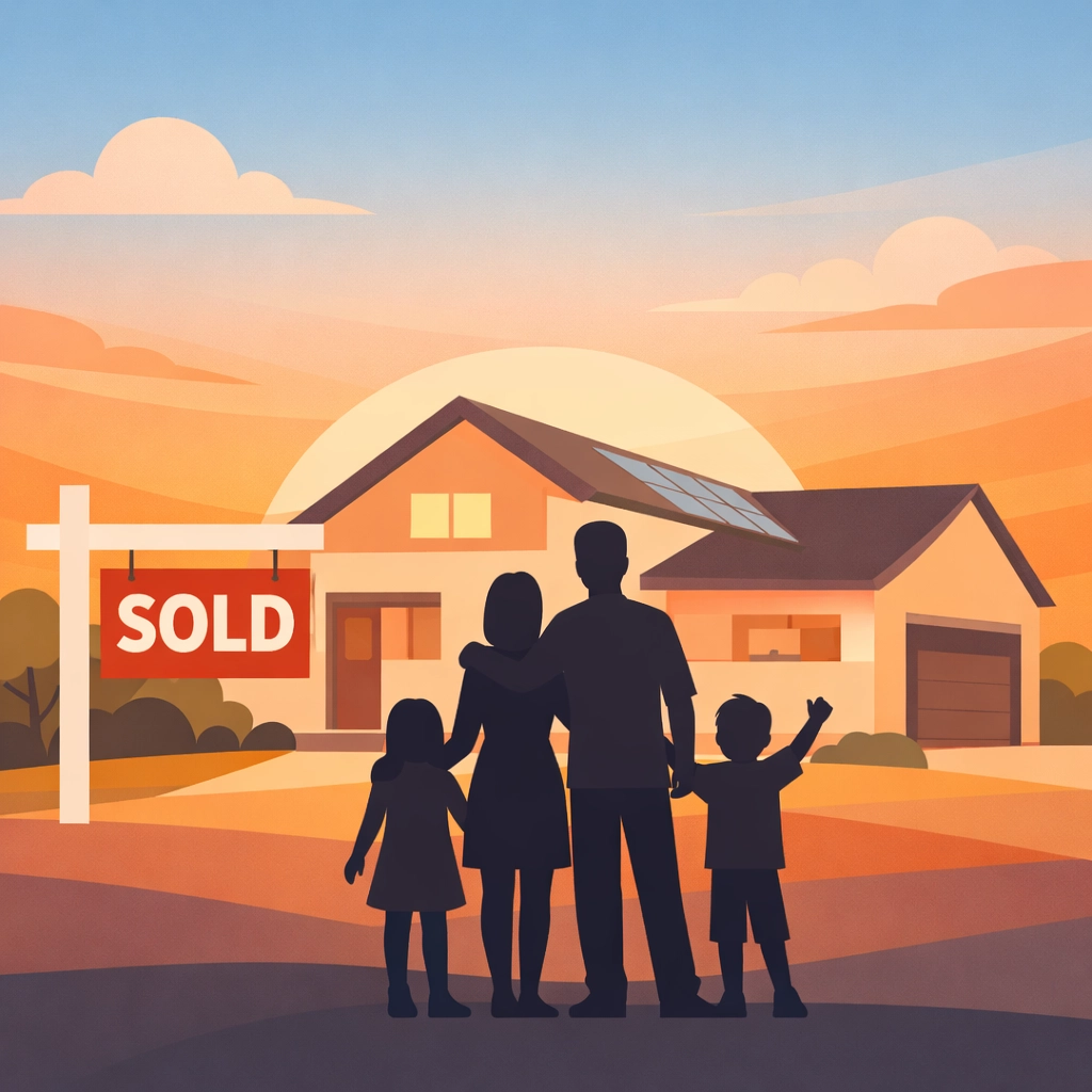 Familia latina celebrando compra de casa propia con letrero de vendido