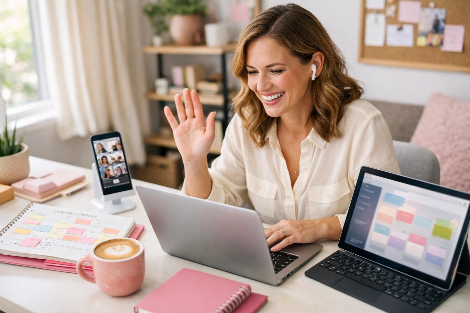 Business owner video-calling a virtual assistant to plan social media content and stay consistent