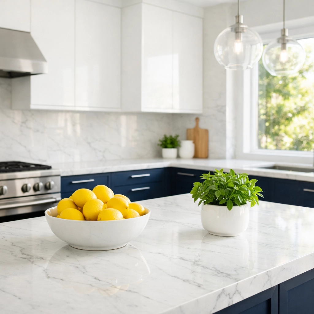 Spotless kitchen with marble counters, showcasing the benefits of eco-friendly weekly house cleaning in Townsend.