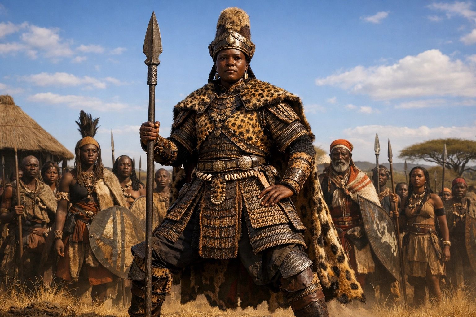 Queen Nzinga dressed as the Ngola in traditional armor, leading her warriors in 17th-century Angola.