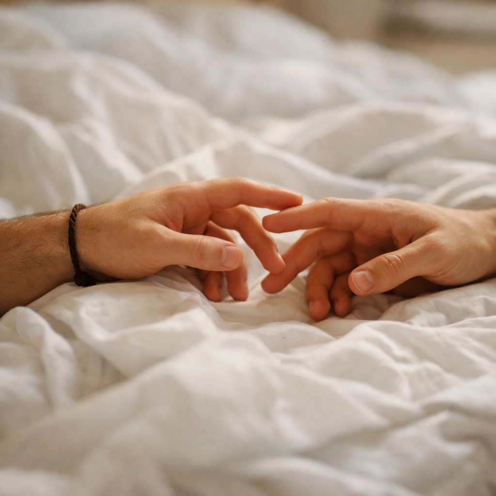Gay couple's hands reaching across bed sheets showing intimate first time tenderness