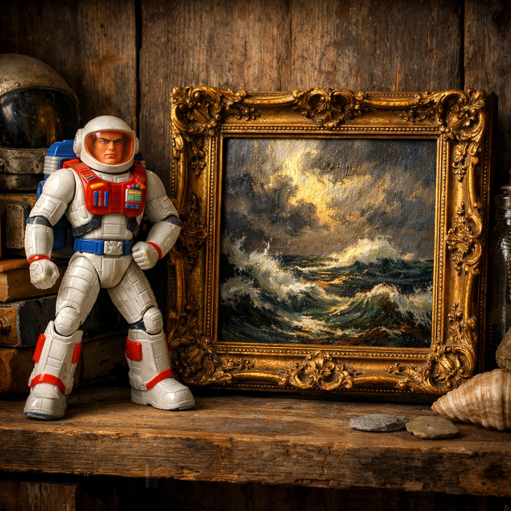 Vintage 1980s action figure and original signed oil painting in a gold frame from a thrift store find.