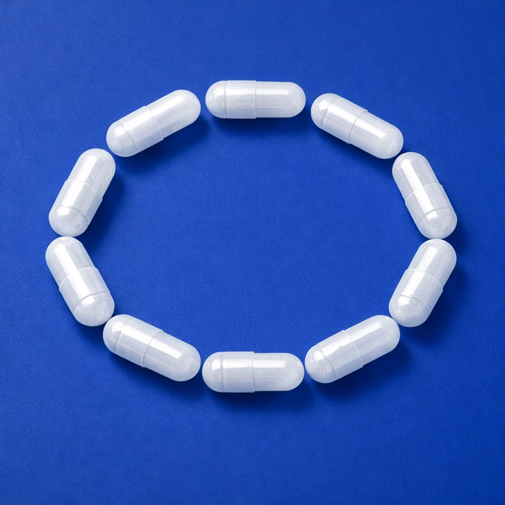 Magnesium supplement capsules arranged on a blue background for muscle relaxation and melatonin support.