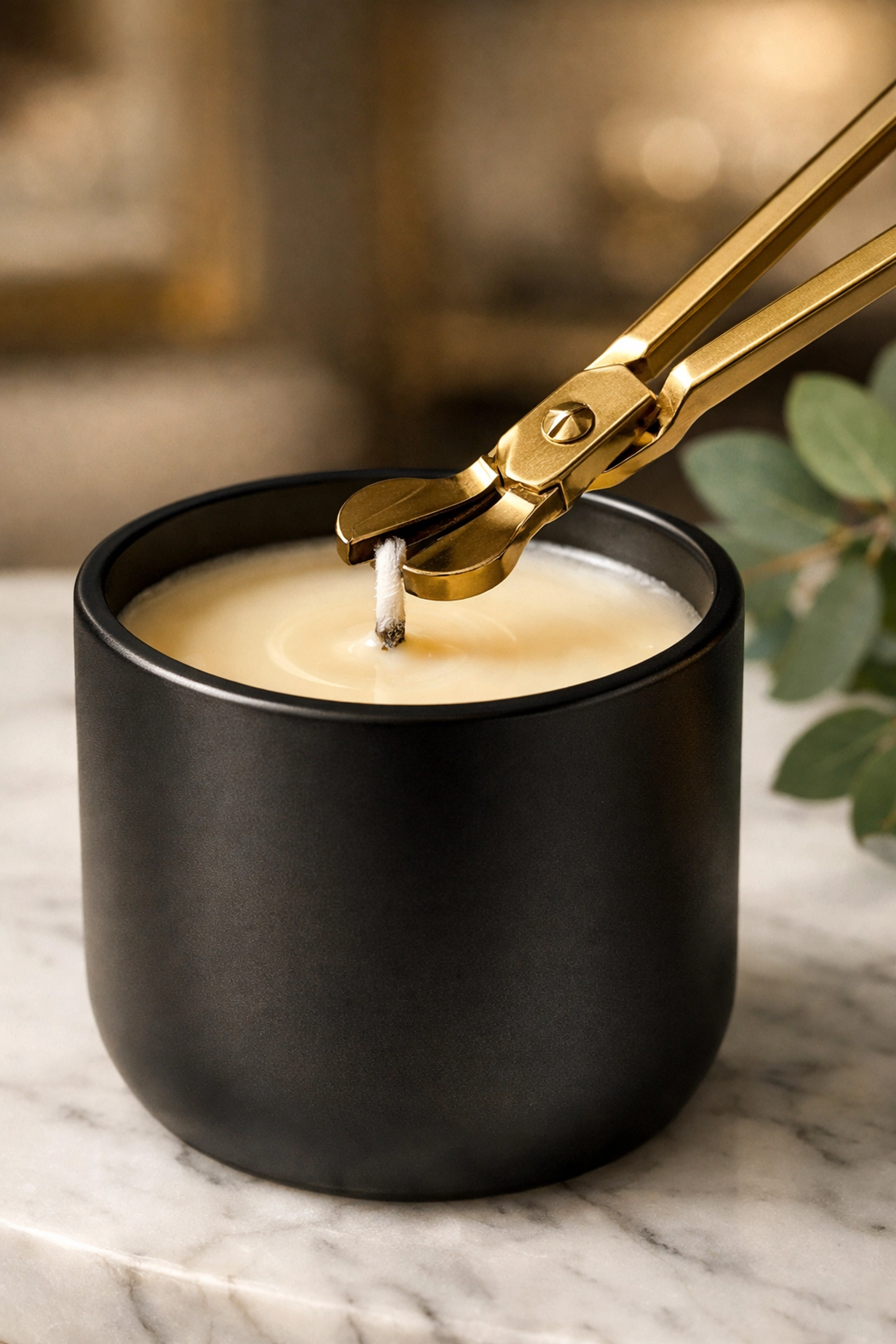Elegant gold wick trimmers clipping a cotton wick on a black soy candle jar for a clean burn.
