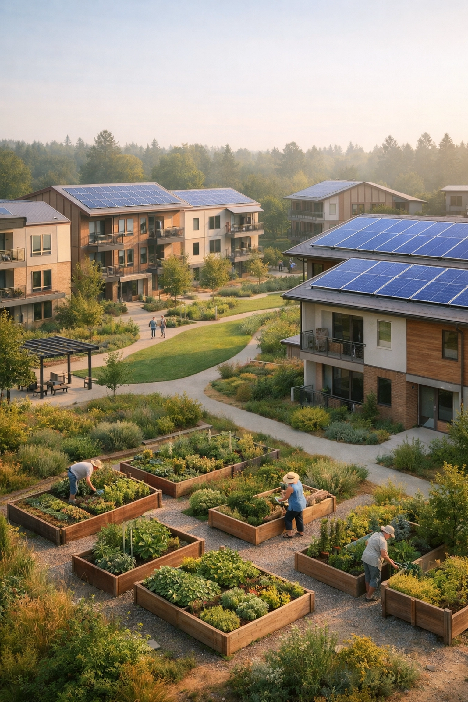 Aerial view of sustainable Housing Hub with solar panels and community gardens
