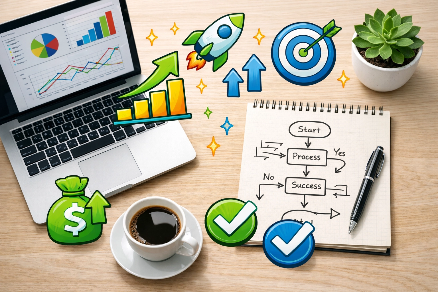 Office workspace showing ISO 9001 implementation planning with charts and process documentation