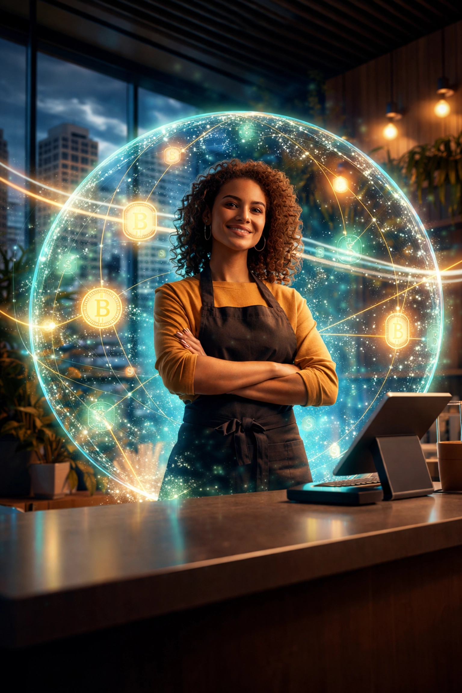 Small business owner empowered by blockchain payment solutions in a modern shop setting, symbolizing financial independence and peer-to-peer Web3 payments.
