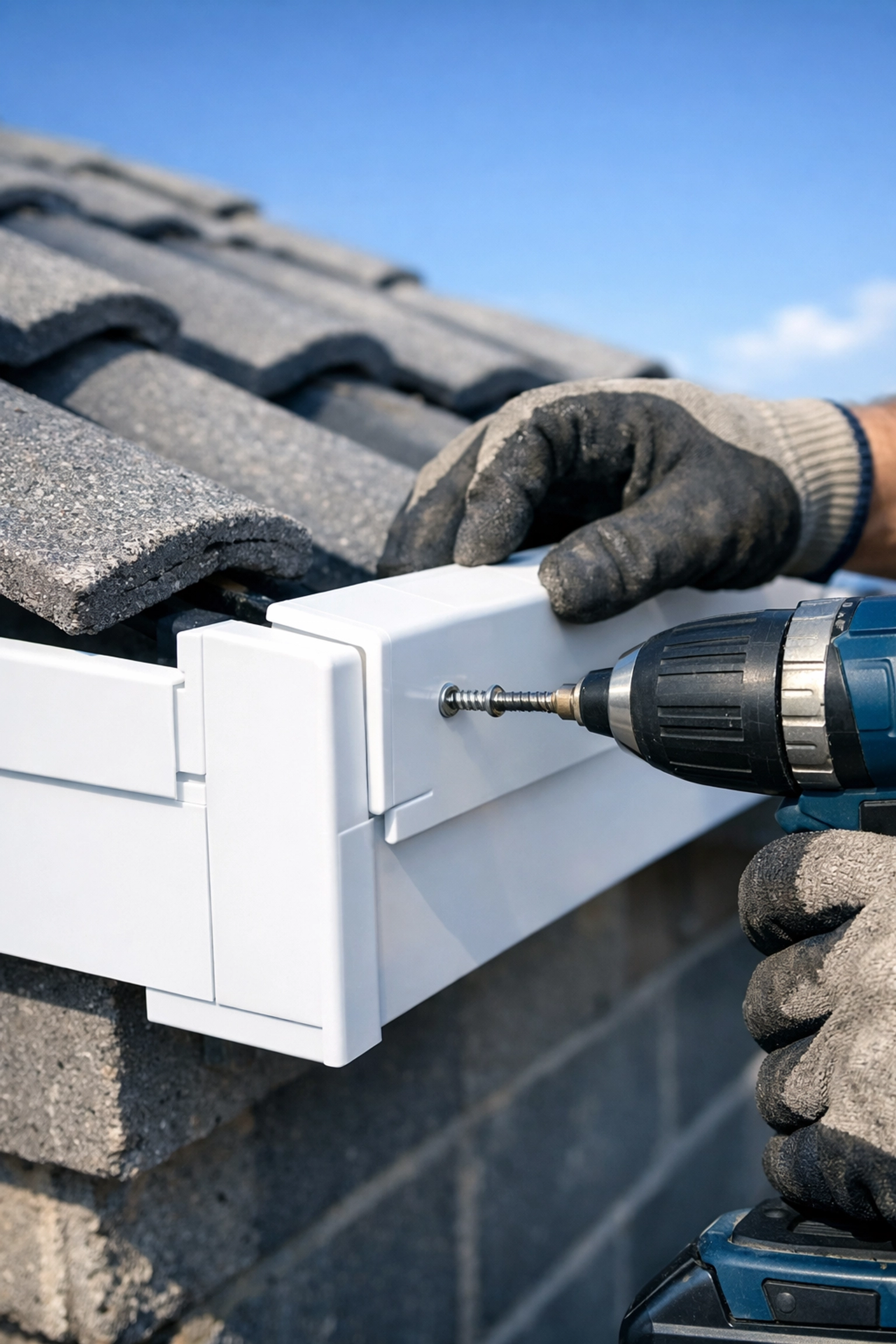 Professional roofer installing dry verge systems on roof with mechanical screw fixing