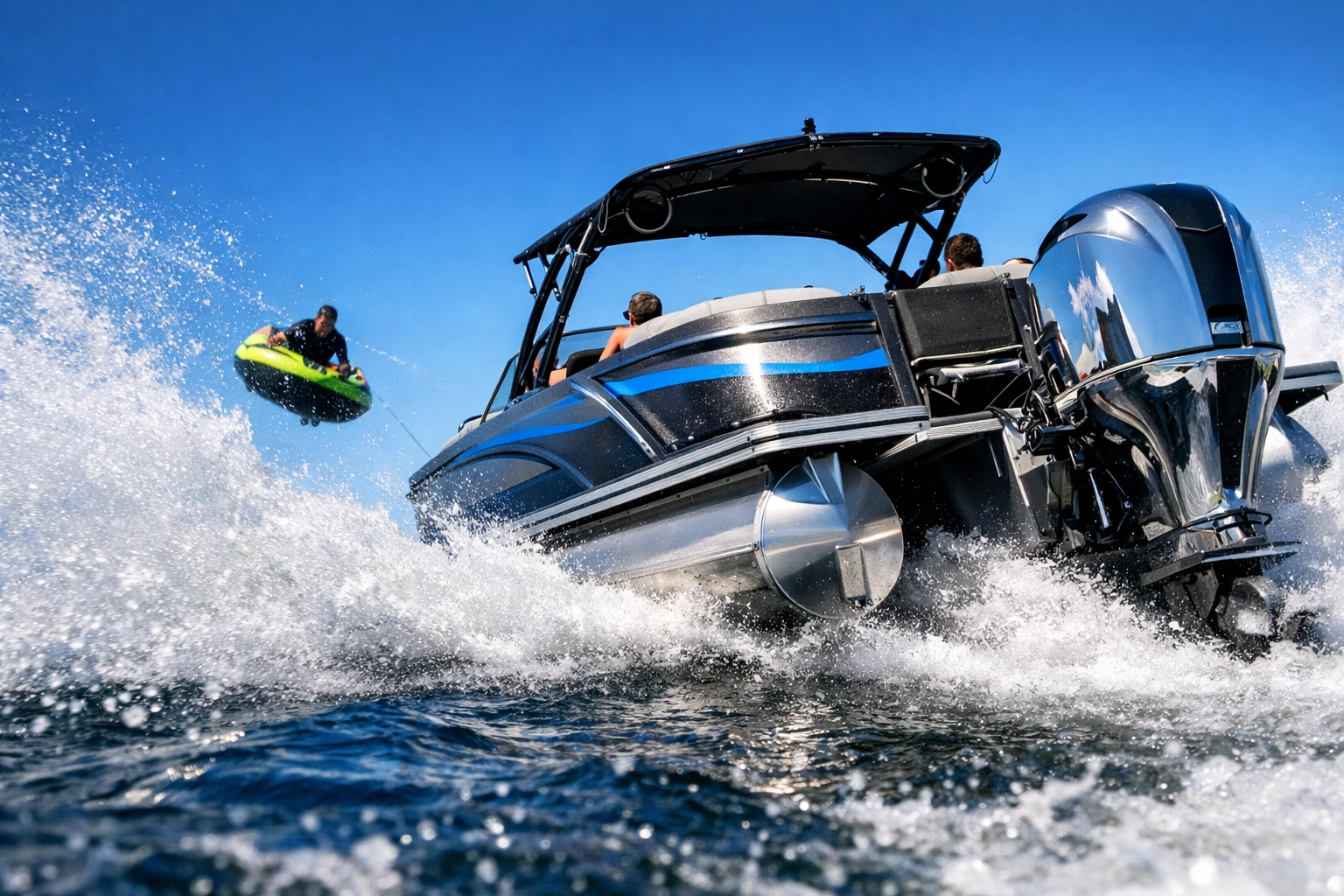 A high-performance tritoon boat pulling a rider on an inflatable tube through deep blue water.