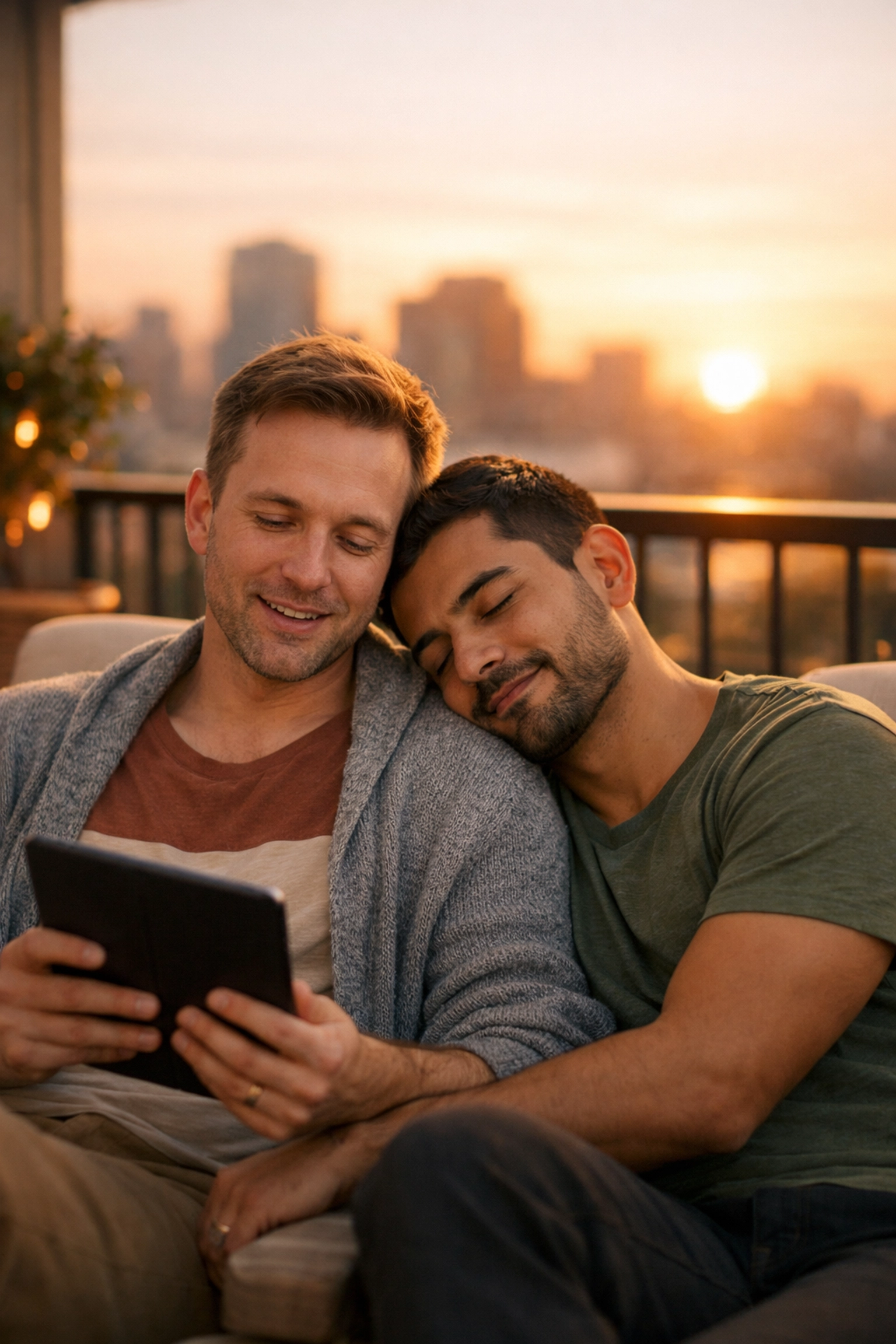 A gay couple sharing a romantic moment reading an MM romance novel on a digital tablet.