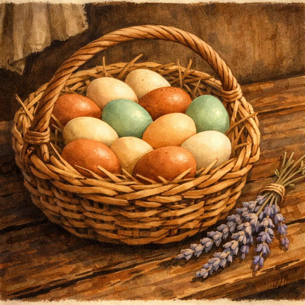 A basket of fresh, colorful pasture raised eggs in shades of brown and blue on a wooden table.