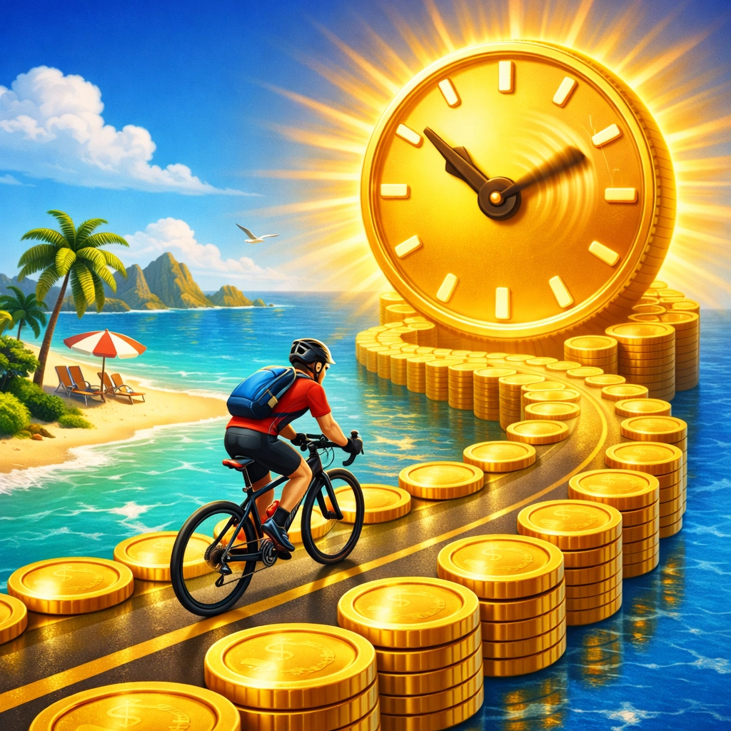 Person cycling on a road of gold coins toward a beach, symbolizing the path to early retirement.