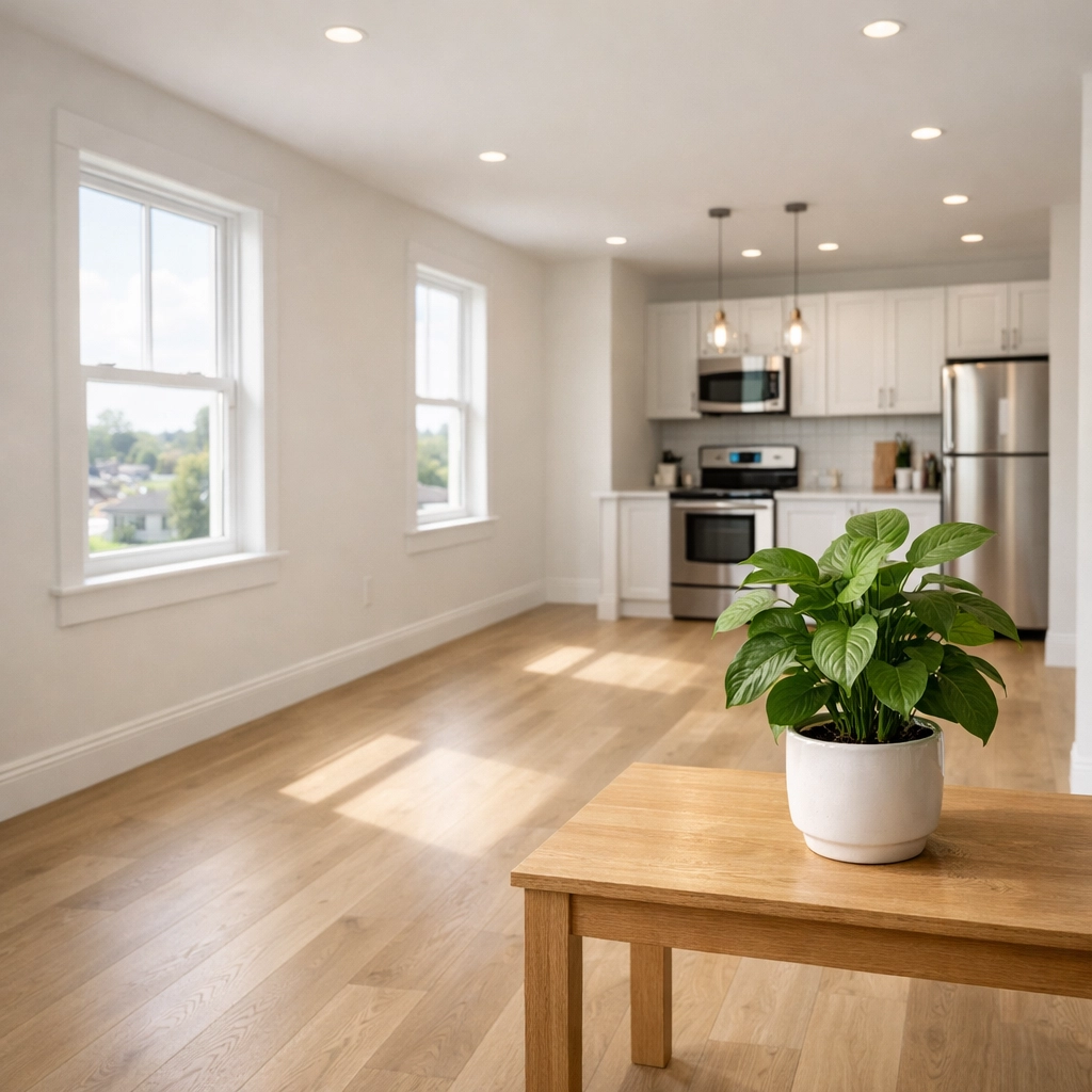 Bright modern interior of a renovated Pennsylvania apartment showcasing a successful BRRRR investment.