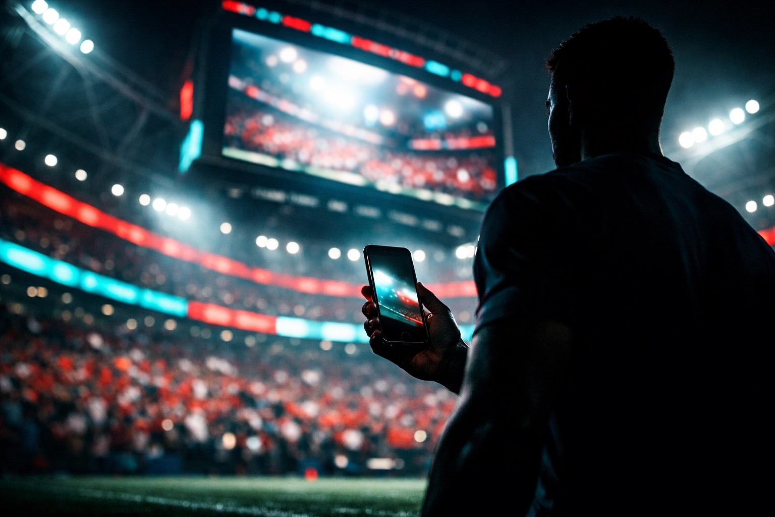 Athlete in a lit sports stadium using a smartphone to build digital brand presence and NIL success.