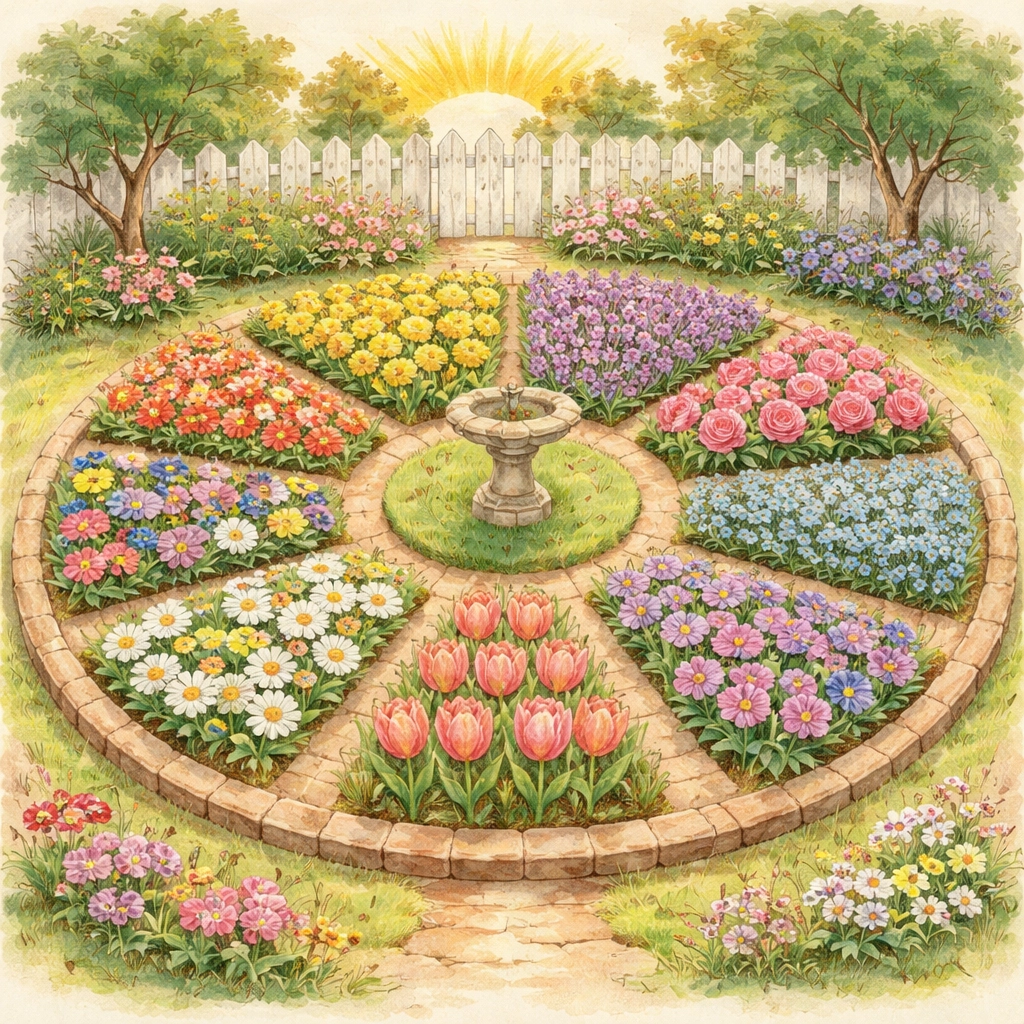 Hand-drawn illustration of a circular clock garden with blooming flowers in pastel colors under a morning sun
