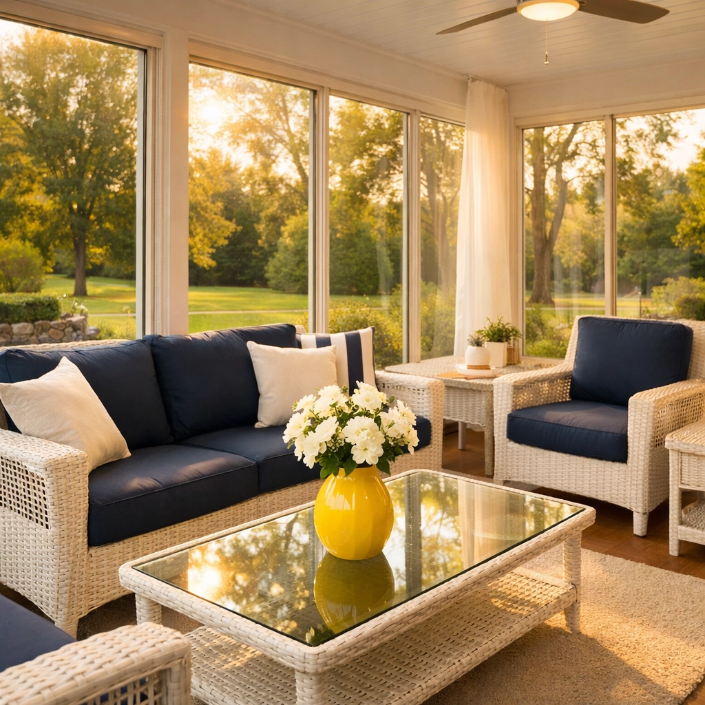 Spotless Acton sunroom showcasing results of healthy, eco-friendly residential cleaning.