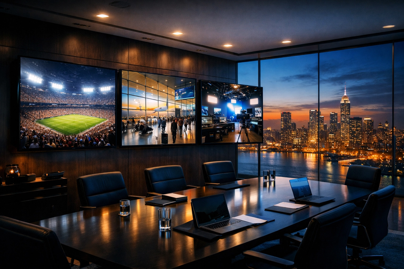 Strategic media displays in a modern suite showing Dakdan's multi-sector expertise and global brand impact.