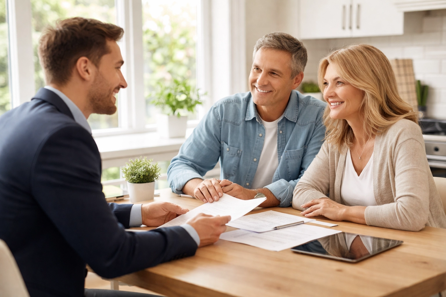 South Jersey real estate agent meeting with homeowners, offering personalized selling advice at their kitchen table South Jersey real estate agent meeting with homeowners, offering personalized selling advice at their kitchen table