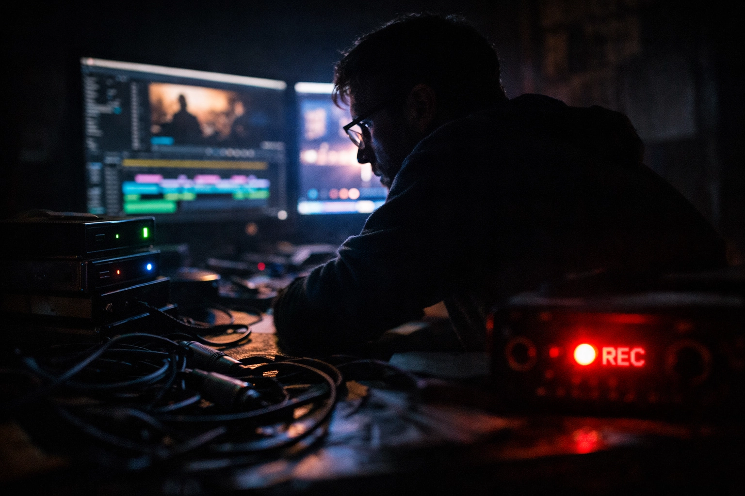 An indie filmmaker editing a project at night surrounded by hard drives and glowing monitors.