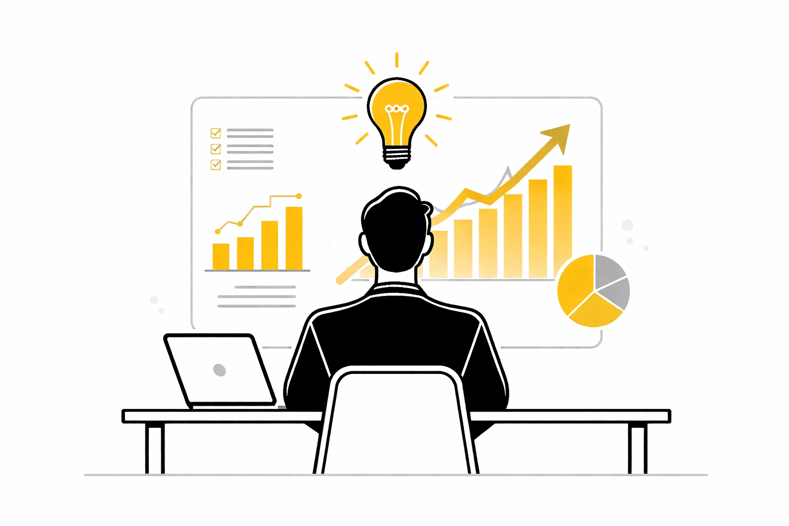 Man at desk with laptop, viewing yellow growth charts and graphs. Light bulb symbolizes an idea. Background shows rising data trends.