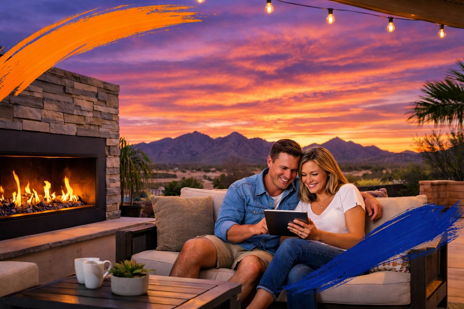 Couple reviewing Surprise AZ real estate listings on a modern backyard patio with an outdoor fireplace.