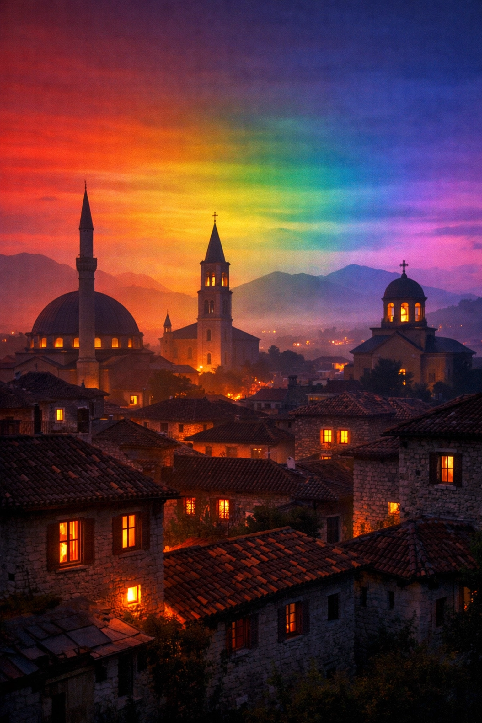 Historic Shkodër cityscape showing mosques and churches, representing Albania's religious diversity and LGBTQ+ life