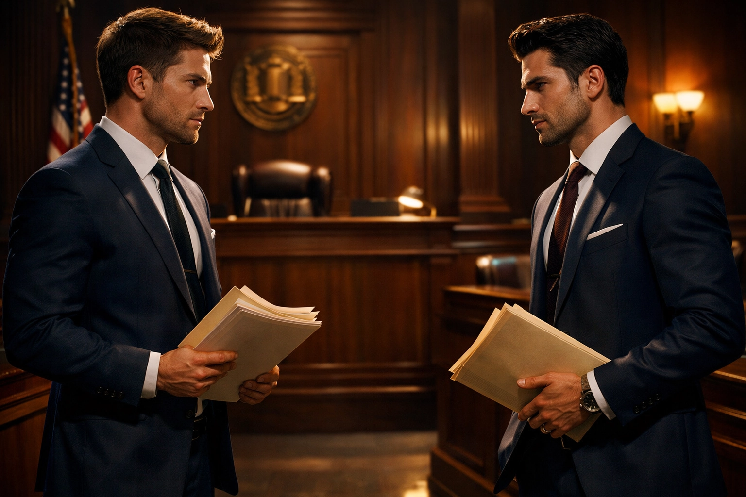 Male lawyers in courtroom rivals-to-lovers gay romance workplace scenario