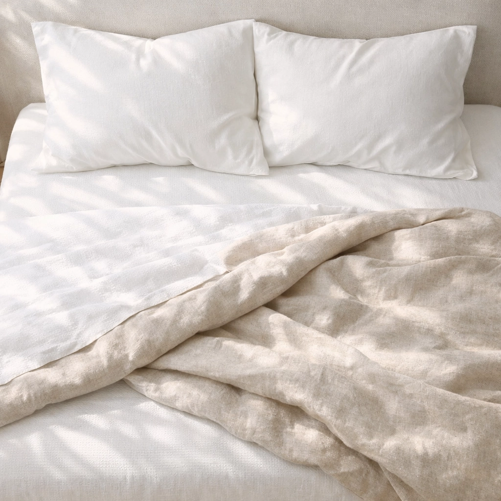 Organic cotton sheets and hypoallergenic bedding in a minimalist wellness bedroom
