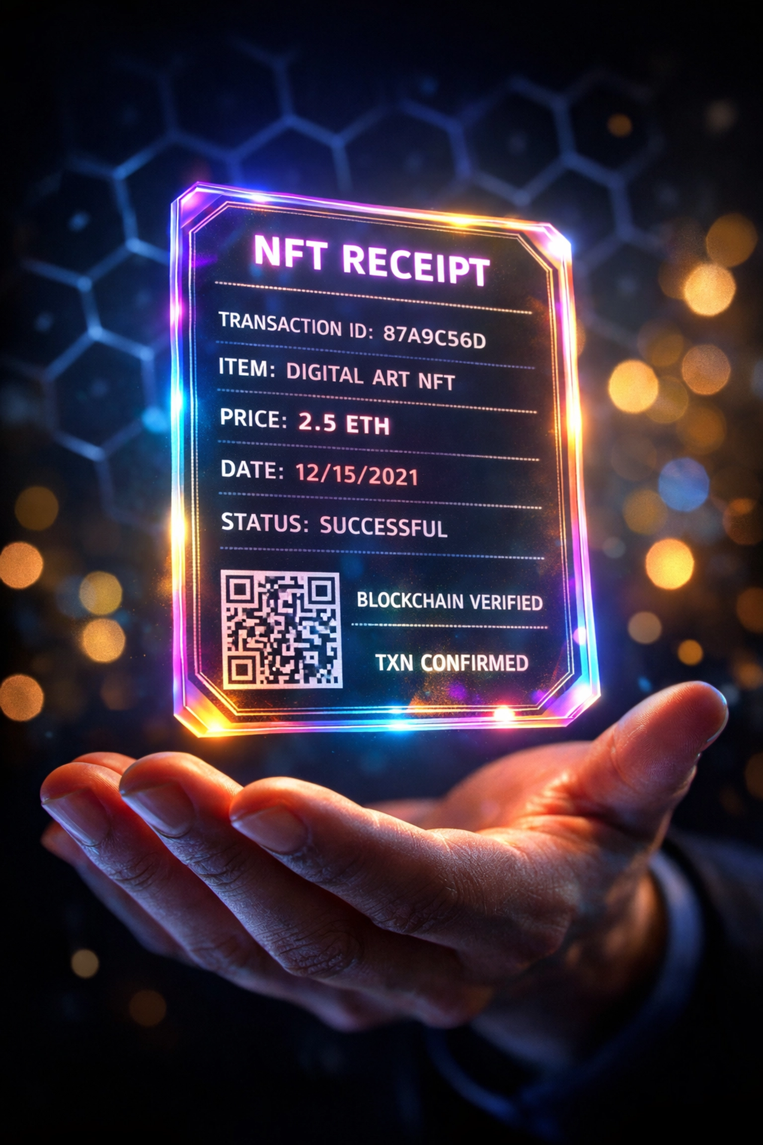 NFT receipt displayed as holographic digital proof of purchase with blockchain verification