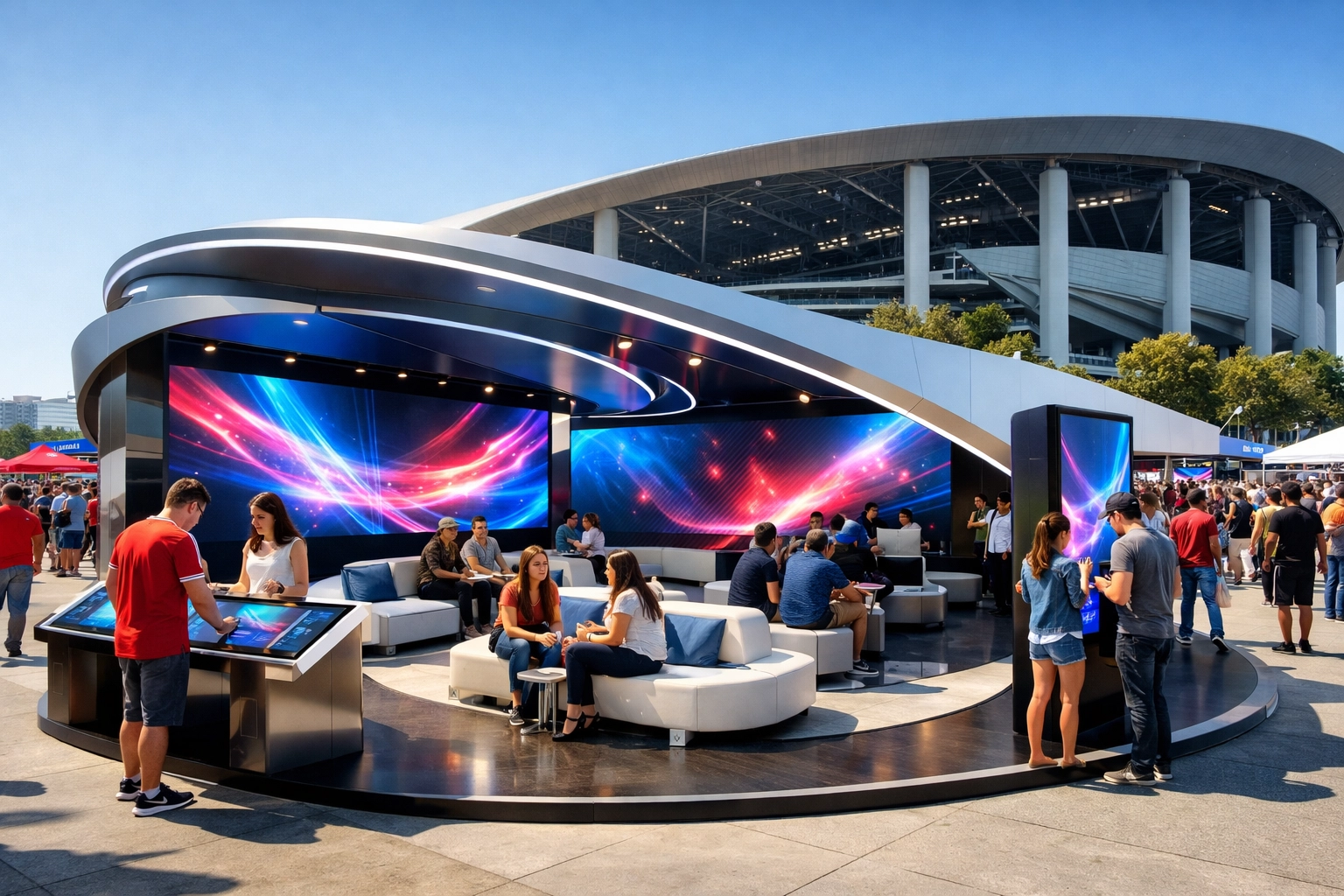 Innovative Super Bowl brand activation display in a busy plaza with interactive LED panels.