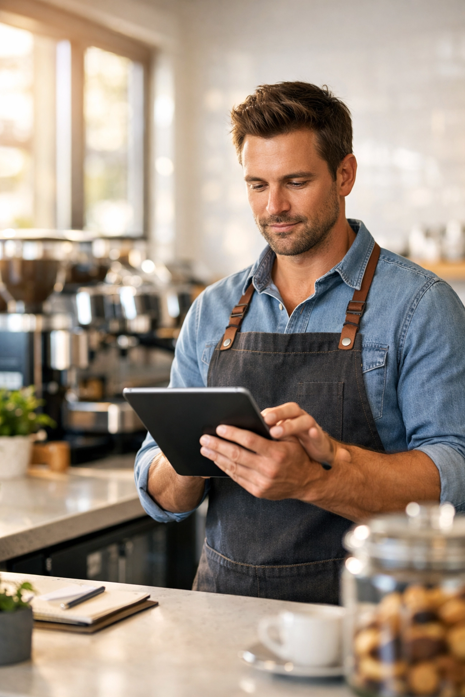 Small business owner using a tablet to track 1099-K thresholds and IRS reporting form updates.