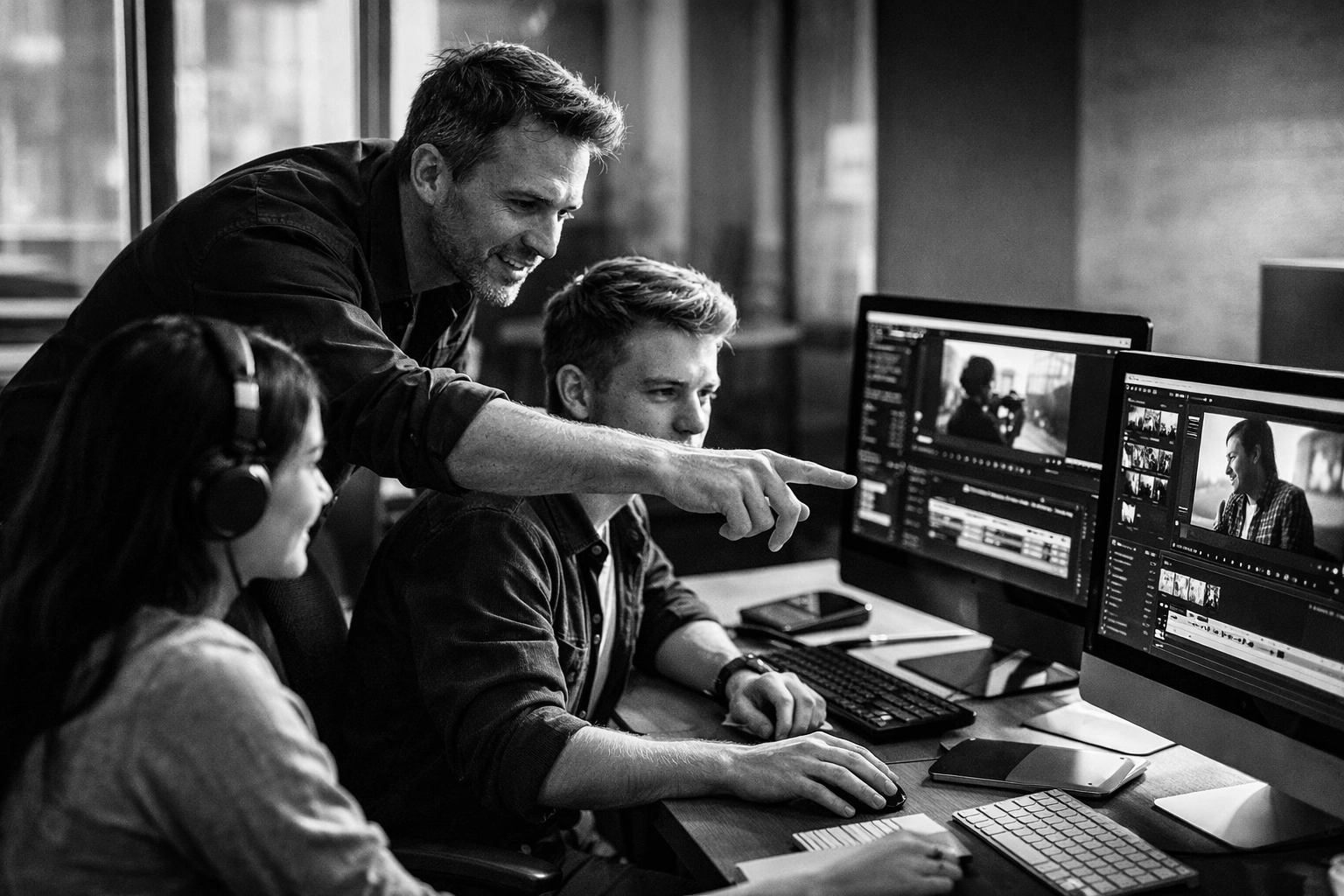 Instructor providing personalized feedback to students working on content creation projects