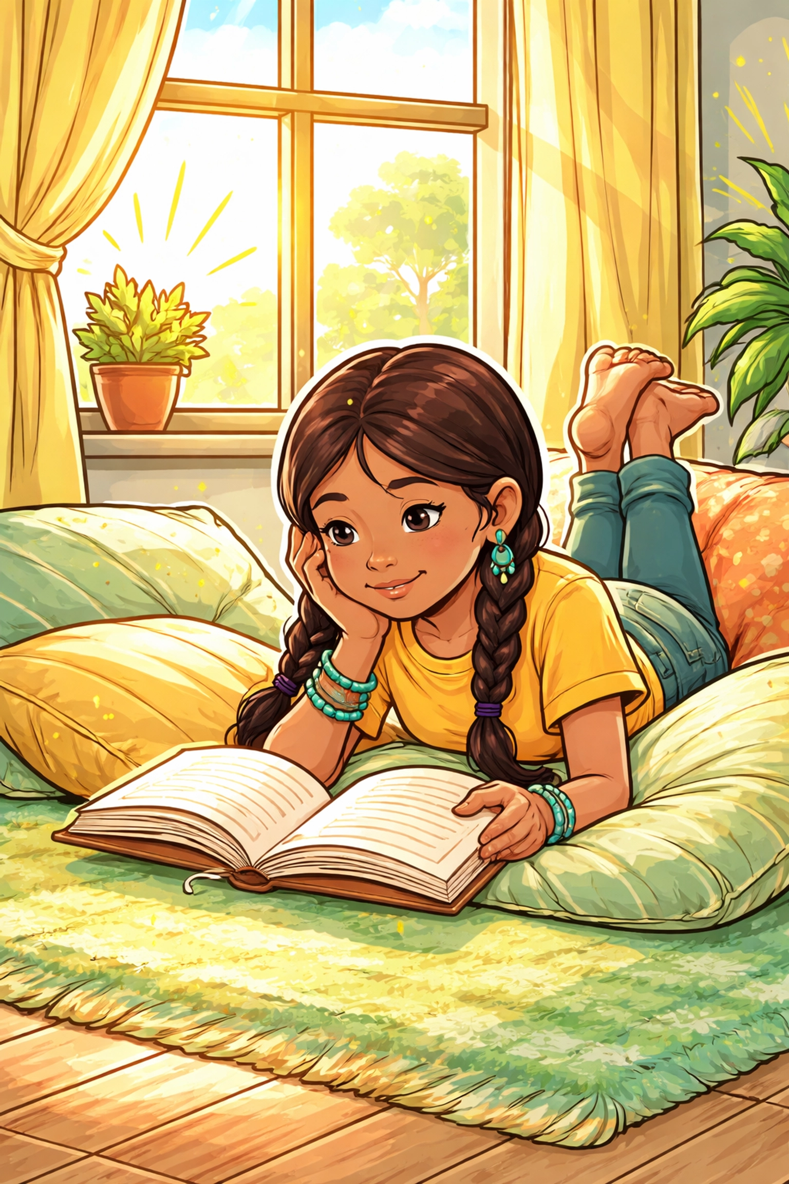 Indigenous boy relaxes and reads by a sunny window on plush floor cushions, showing an inviting family reading space filled with natural light.